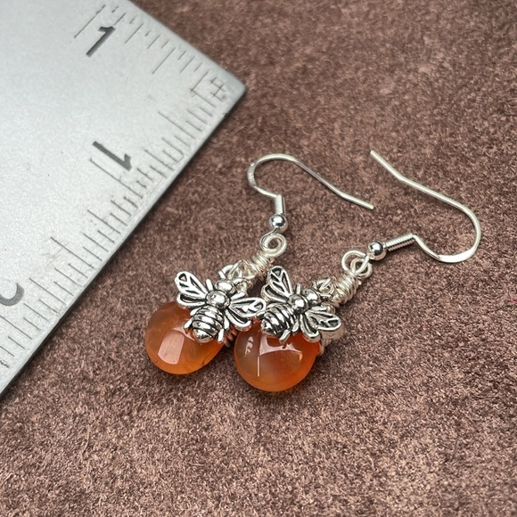 Carnelian Crystal Bee Earrings • Boho Artisan Cottagecore Jewelry - Picture 16 of 17
